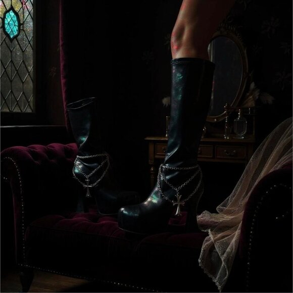 Wicked Descent Knee-High Platform Boots – Chains, Cross Charm & Side Zippers 7 - Picture 10 of 11